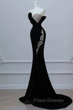 Modest Mermaid Strapless Black Long Floor Length Beads Formal Prom Dress