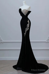 Modest Mermaid Strapless Black Long Floor Length Beads Prom Dresses