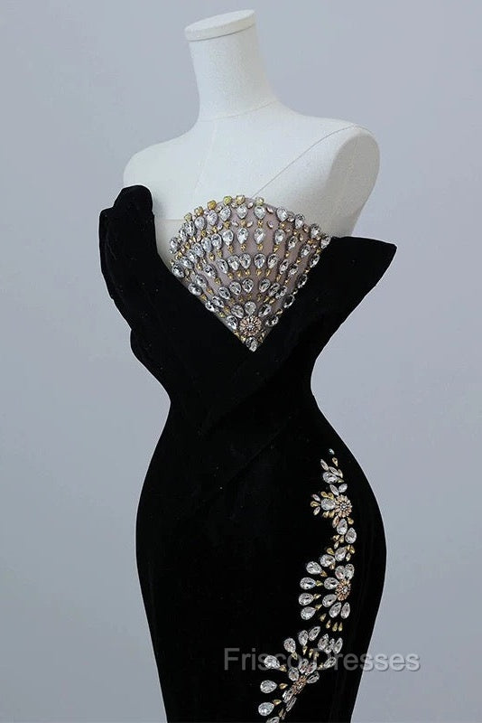 Modest Mermaid Strapless Black Long Floor Length Beads Formal Prom Dress