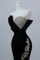 Modest Mermaid Strapless Black Long Floor Length Beads Prom Dresses