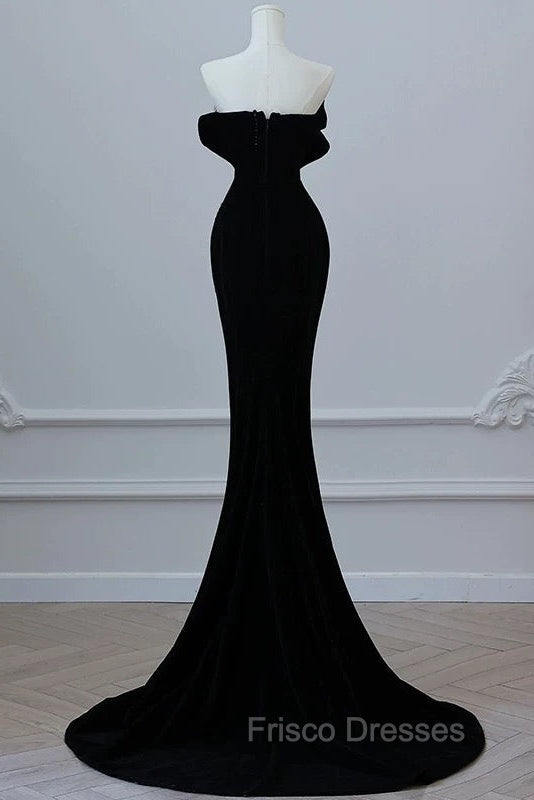 Modest Mermaid Strapless Black Long Floor Length Beads Formal Prom Dress