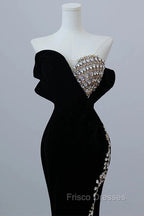 Modest Mermaid Strapless Black Long Floor Length Beads Formal Prom Dress