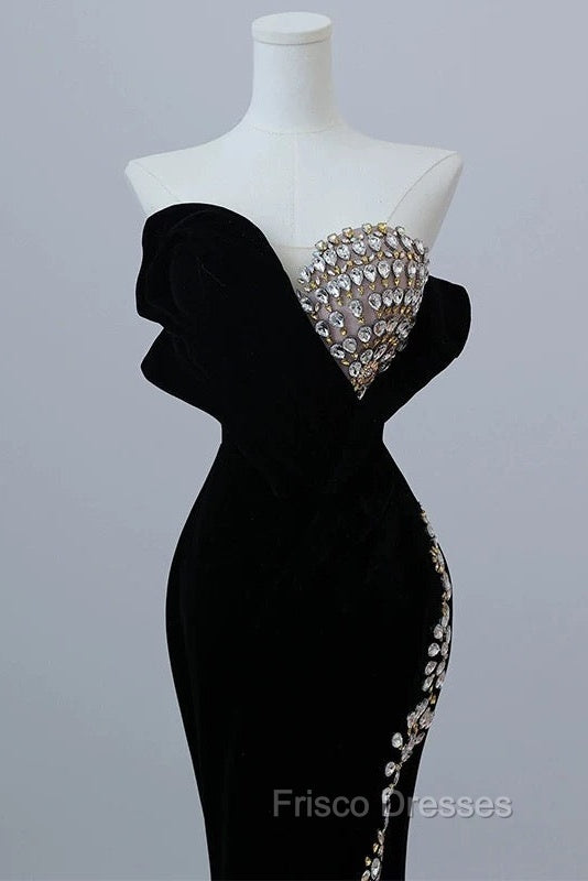 Modest Mermaid Strapless Black Long Floor Length Beads Formal Prom Dress