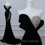 Modest Mermaid Strapless Black Long Floor Length Beads Formal Prom Dress