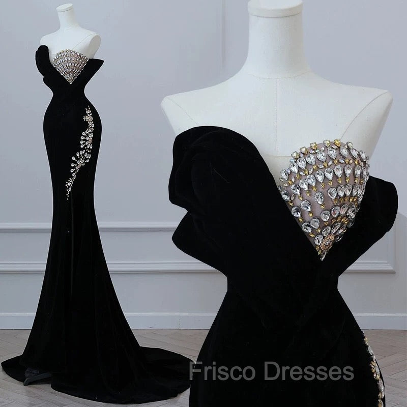 Modest Mermaid Strapless Black Long Floor Length Beads Formal Prom Dress