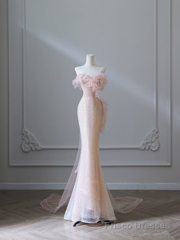 Modest Mermaid Strapless Pink Tulle Flowers Evening Dress Long Prom Dresses Main image