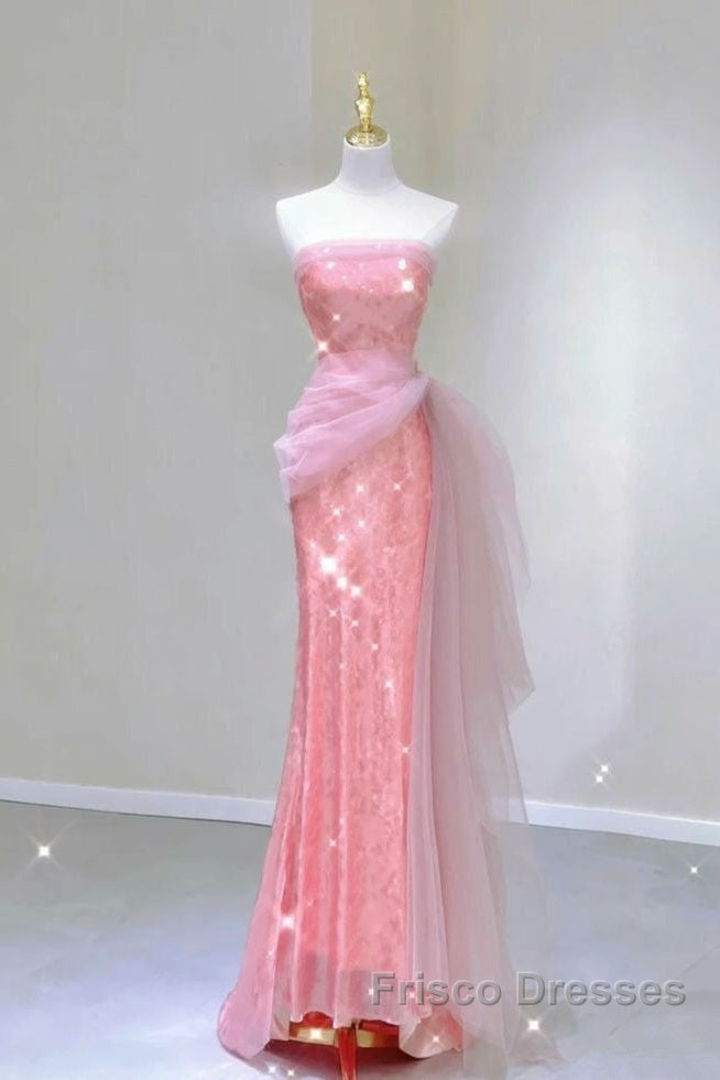 Modest Mermaid Strapless Pink Tulle Ruffles Long Party Dress Formal Prom Dress Secondary image