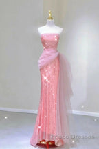 Modest Mermaid Strapless Pink Tulle Ruffles Long Party Dress Formal Prom Dress