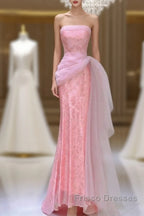 Modest Mermaid Strapless Pink Tulle Ruffles Long Party Dress Formal Prom Dress