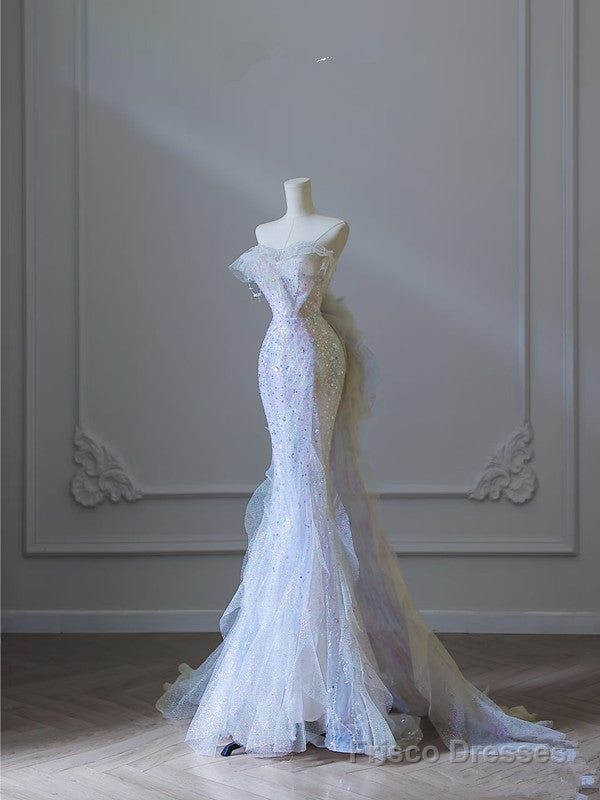 Modest Mermaid Strapless Tulle Flowers Evening Dress Long Prom Dresses