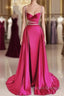 Modest Mermaid Straps Long Hot Pink Slit Satin Formal Prom Dress
