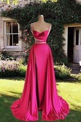 Modest Mermaid Straps Long Hot Pink Slit Satin Prom Dress
