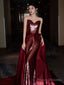 Modest Mermaid Sweetheart Burgundy Floor Length Evening Dress Sequin Prom Dresses