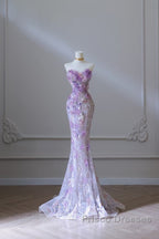 Modest Mermaid Sweetheart Lilac Tulle Sequin Flowers Evening Dress Long Formal Prom Dress