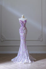 Modest Mermaid Sweetheart Lilac Tulle Sequin Flowers Evening Dress Long Formal Prom Dress