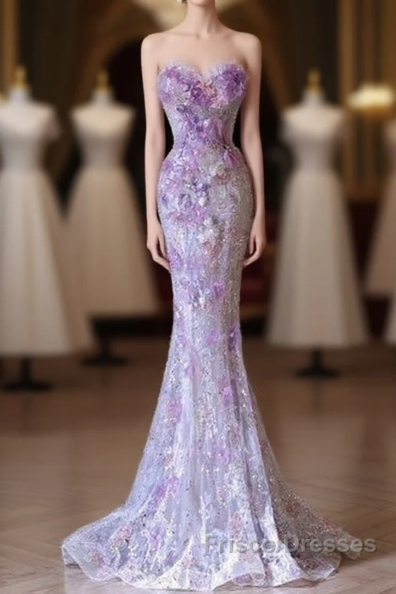Modest Mermaid Sweetheart Lilac Tulle Sequin Flowers Evening Dress Long Formal Prom Dress Main image