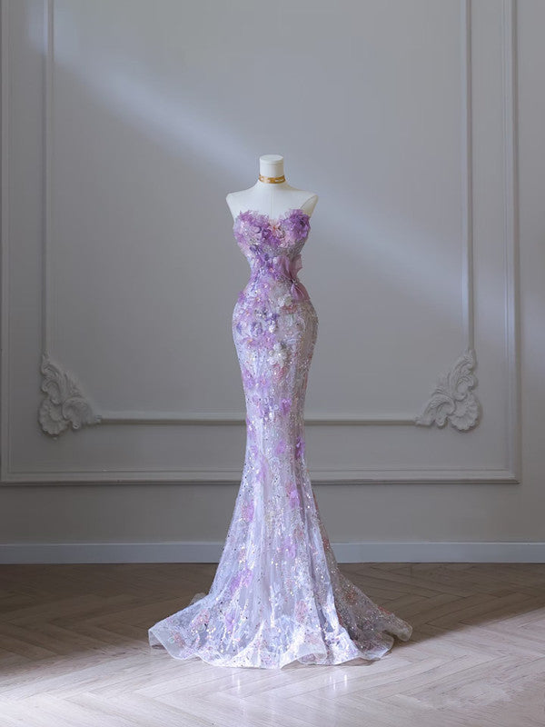 Modest Mermaid Sweetheart Lilac Tulle Sequin Flowers Evening Dress Long Prom Dresses Main image