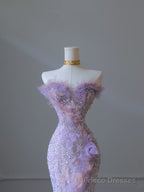 Modest Mermaid Sweetheart Lilac Tulle Sequin Flowers Evening Dress Prom Dresses