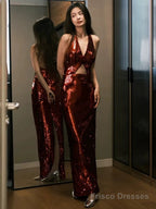 Modest Mermaid V Neckline Burgundy Floor Length Evening Dress Sequin Prom Dresses