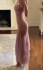 Modest Mermaid V Neckline Pink Chiffon Ruffles Long Party Dress Prom Dresses