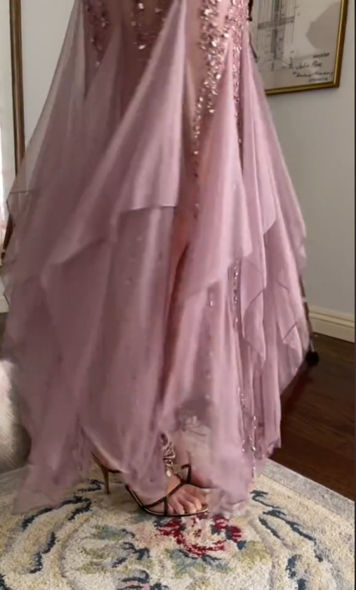 Modest Mermaid V Neckline Pink Chiffon Ruffles Long Party Dress Prom Dresses