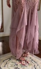 Modest Mermaid V Neckline Pink Chiffon Ruffles Long Party Dress Prom Dresses