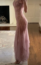 Modest Mermaid V Neckline Pink Chiffon Ruffles Long Party Dress Prom Dresses