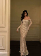 Modest Off The Shoulder Lace Mermaid Long Prom Dresses Formal Party Gown For Women