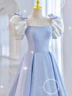 Modest Princess Short Sleeves Long Blue Satin Formal Prom Dress