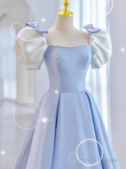 Modest Princess Short Sleeves Long Blue Satin Prom Dress