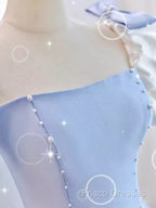 Modest Princess Short Sleeves Long Blue Satin Formal Prom Dress