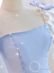 Modest Princess Short Sleeves Long Blue Satin Prom Dress