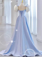 Modest Princess Short Sleeves Long Blue Satin Formal Prom Dress