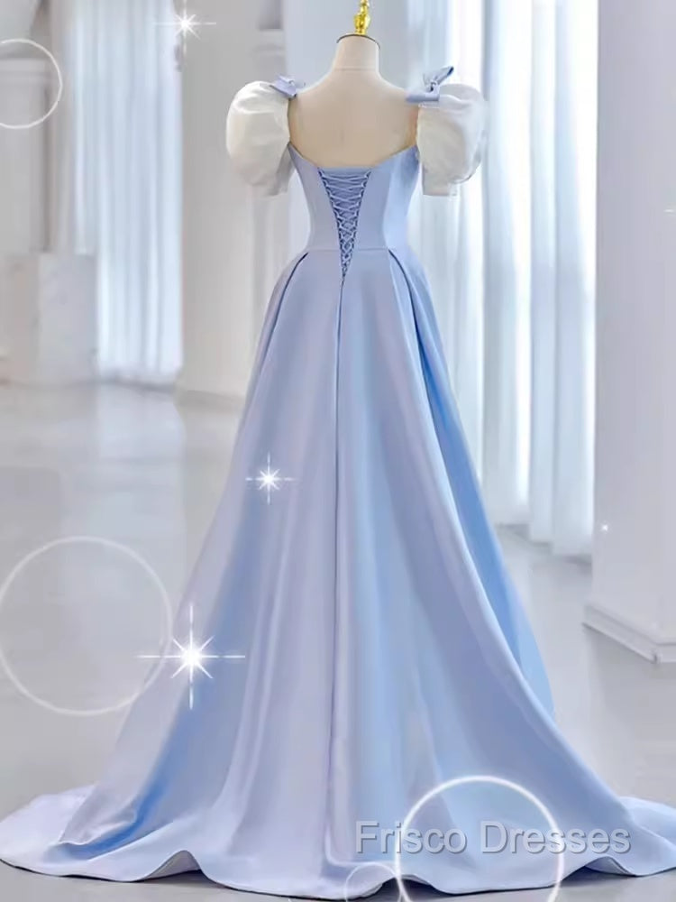 Modest Princess Short Sleeves Long Blue Satin Formal Prom Dress