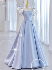Modest Princess Short Sleeves Long Blue Satin Prom Dress