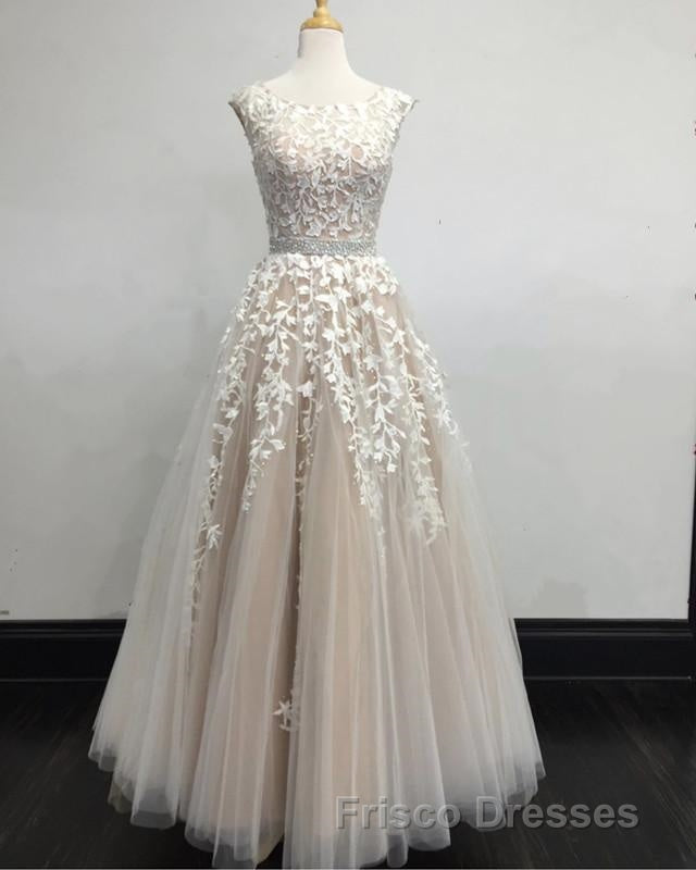 Modest Formal Prom Dress Tulle Cap Sleeves Lace Embroidery