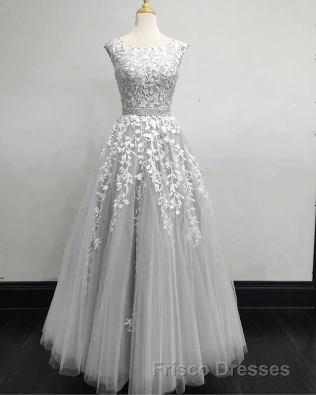 Modest Formal Prom Dress Tulle Cap Sleeves Lace Embroidery