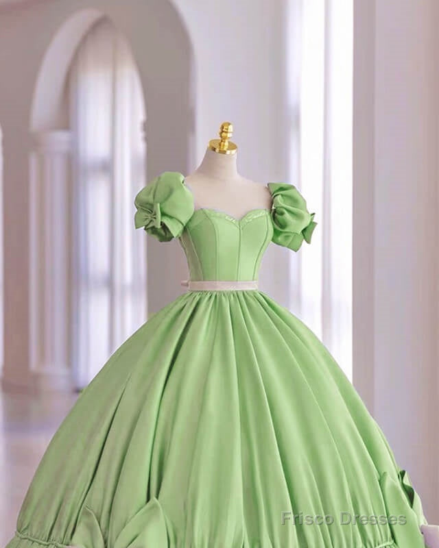 Modest Sage Satin Ball Gown Dress With Bow Secondary image