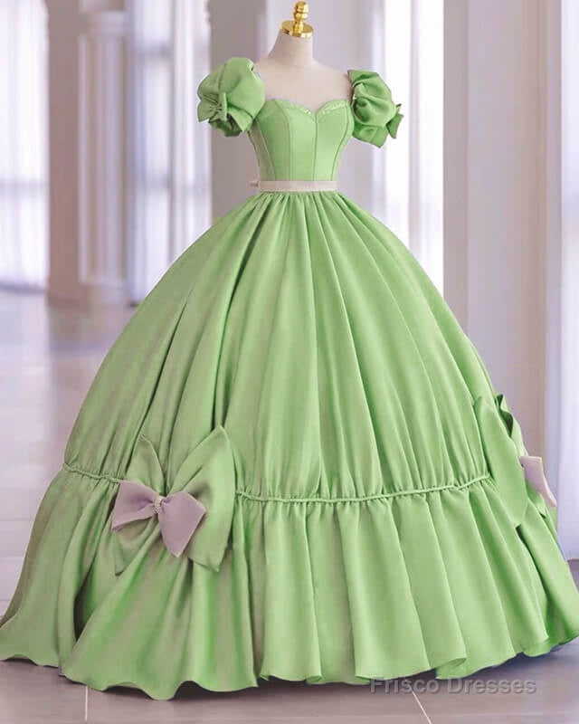 Modest Sage Satin Ball Gown Dress With Bow Main image