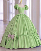 Modest Sage Satin Ball Gown Dress With Bow