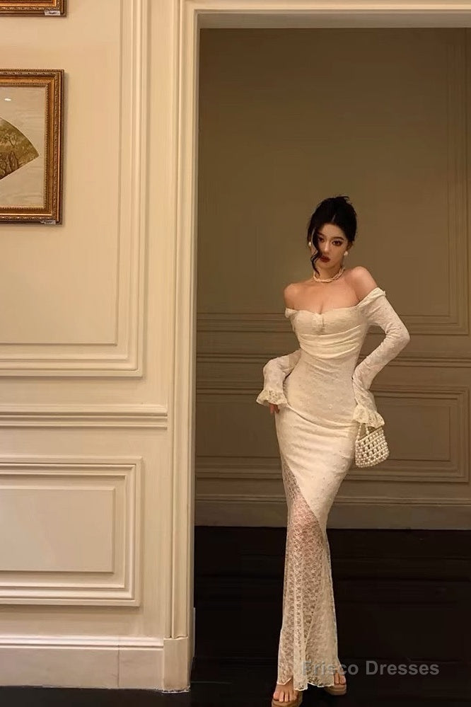 Modest Sheath Off The Shoulder Long Sleeves Lace Prom Dresses Evening Dress