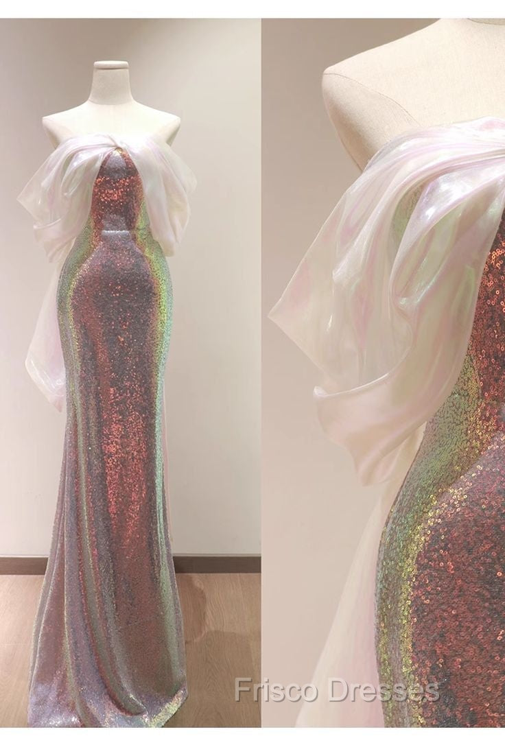 Modest Sheath Off The Shoulder Sequin Long Party Dress Pink Formal Prom Dress Secondary image