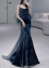 Modest Sheath Strapless Navy Blue Velvet Long Party Dress Prom Dress