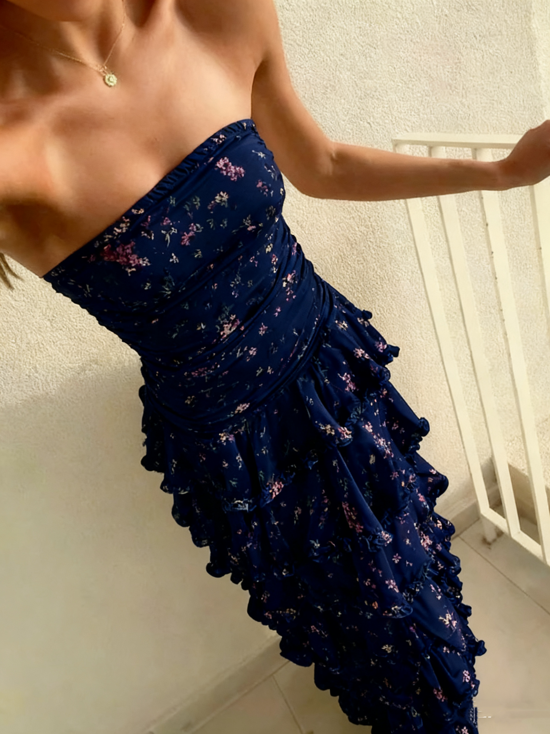Modest Sheath Strapless Yellow Chiffon Floral Long Prom Dresses Party –  Frisco Dresses