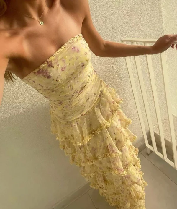 Modest Sheath Strapless Yellow Chiffon Floral Long Prom Dresses Party Frisco Dresses Modest Sheath Strapless Yellow Chiffon Floral Long Prom Dresses Party Frisco Dresses