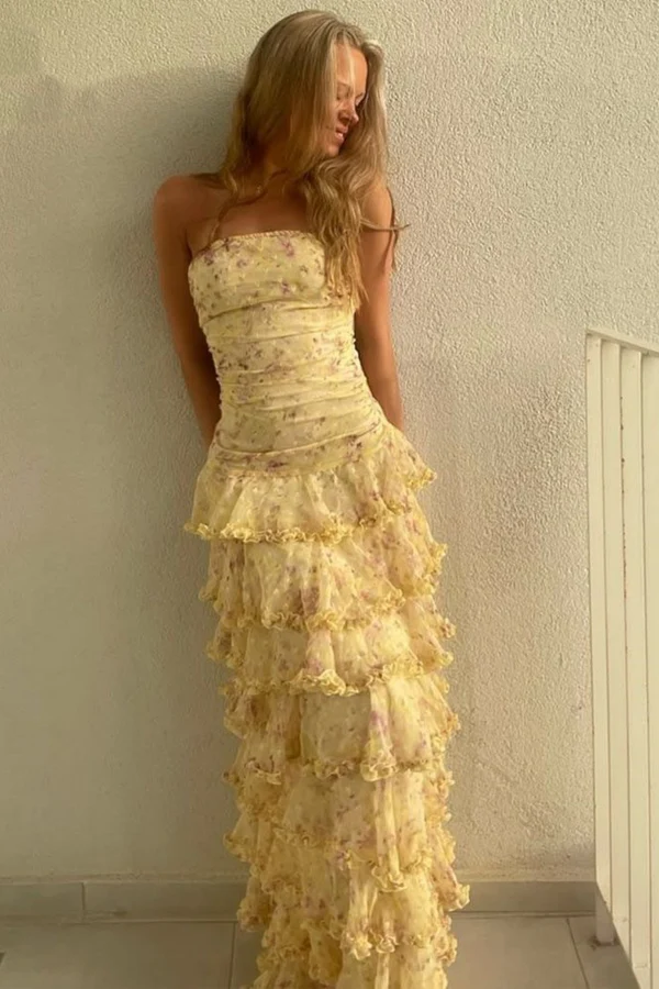 Modest Sheath Strapless Yellow Chiffon Floral Long Prom Dresses Party Frisco Dresses Modest Sheath Strapless Yellow Chiffon Floral Long Prom Dresses Party Frisco Dresses