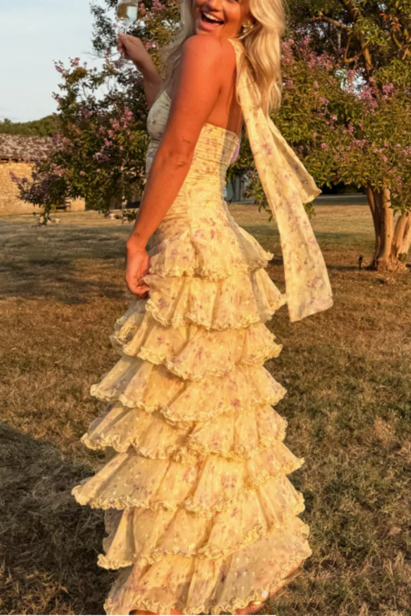 Modest Sheath Strapless Yellow Chiffon Floral Long Prom Dresses Party Frisco Dresses Modest Sheath Strapless Yellow Chiffon Floral Long Prom Dresses Party Frisco Dresses