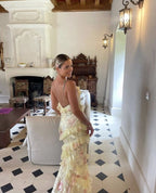 Modest Sheath Straps Chiffon Yellow Prom Dresses