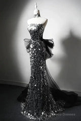 Modest Silver Mermaid Strapless Sequin Tulle  Long Prom Dress Formal Evening Dress