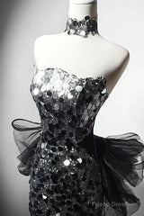 Modest Silver Mermaid Strapless Sequin Tulle  Long Prom Dress Formal Evening Dress